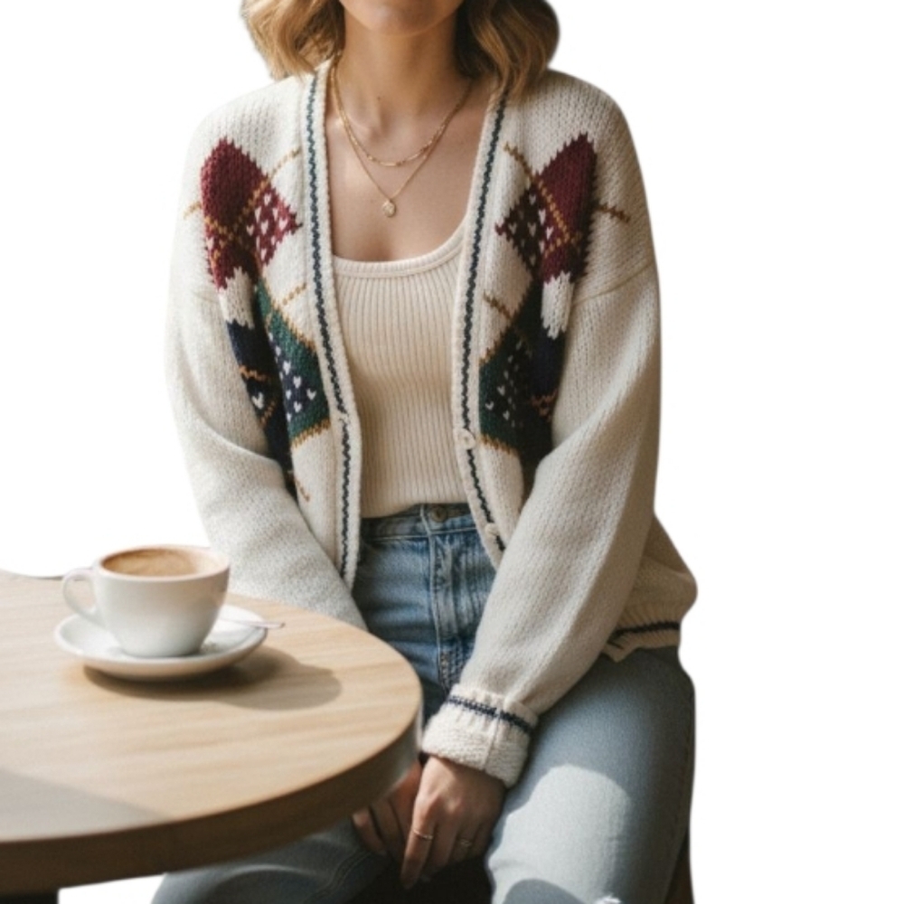 ​Vtg Maggie Lawrence Argyle Ramie Blend Cardigan Sweater L